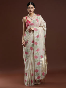 Sarha - Woven Design Beige Floral Muga Cotton Saree with Unstitched Blouse