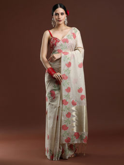 Sarha - Woven Design Floral Muga Beige Cotton Saree with Unstitched Blouse