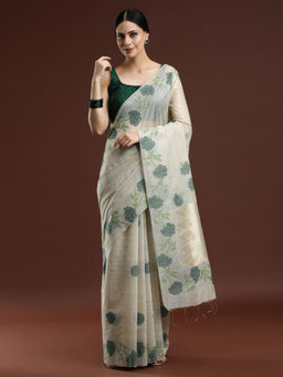 Sarha - Beige Woven Design Floral Muga Cotton Beige Saree with Unstitched Blouse