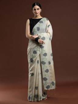 Sarha - Woven Design Beige Floral Muga Cotton Beige Saree with Unstitched Blouse