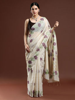 Sarha - Woven Beige Floral Muga Cotton Saree with Unstitched Blouse