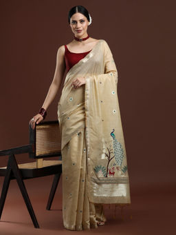 Sarha - Woven Design Floral Muga Cotton Beige Saree with Unstitched Blouse