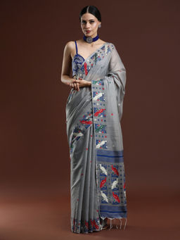 Sarha - Woven Design Ethnic Motif Muga Cotton Grey Saree with Unstitched Blouse