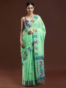 Sarha - Woven Design Ethnic Motif Muga Cotton Green Saree with Unstitched Blouse