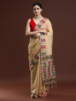 Sarha - Woven Design Ethnic Motif Muga Cotton Beige Saree with Unstitched Blouse