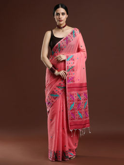 Sarha - Woven Design Ethnic Motif Muga Cotton Pink Saree with Unstitched Blouse