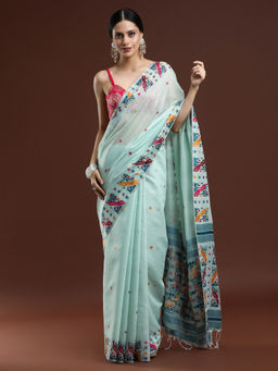 Sarha - Woven Design Ethnic Motif Muga Cotton Light Blue Saree with Unstitched Blouse