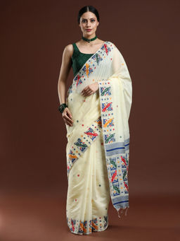 Sarha - Woven Design Ethnic Motif Muga Cotton Cream Saree with Unstitched Blouse