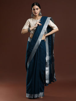 Sarha - Woven Design Solid Bhagalpuri Linen Dark Blue Saree with Unstitched Blouse