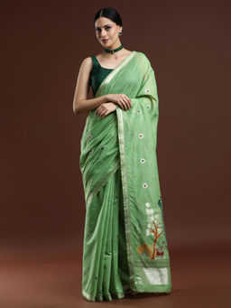 Sarha - Woven Design Floral Muga Cotton Green Saree with Unstitched Blouse