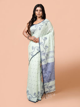 LAA CALCUTTA - Women Pista Green Pure Cotton Hand Woven Soft Handloom Saree with Unstitched Blouse