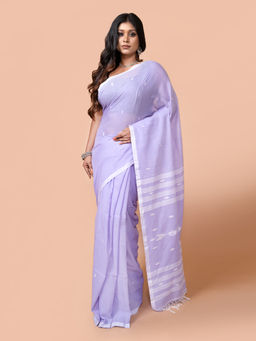 LAA CALCUTTA - Women Lavender Pure Cotton Hand Woven Soft Handloom Saree with Unstitched Blouse