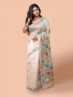 LAA CALCUTTA - Women Beige Chanderi Silk Woven Embroidered Kantha Saree with Unstitched Blouse