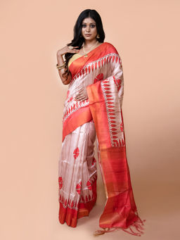 LAA CALCUTTA - Women Beige and Red Silk Blend Saree with Unstitched Blouse
