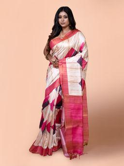 LAA CALCUTTA - Women Beige Silk Blend Geometric Print Stripes Silk Saree with Unstitched Blouse
