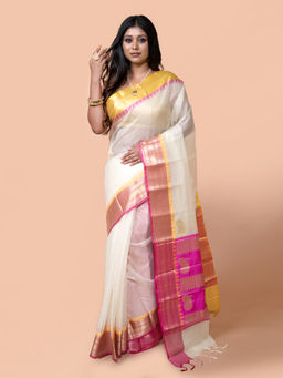 LAA CALCUTTA - Women Off White and Pink Kota Paisley Motifs Zari Silk Saree with Unstitched Blouse
