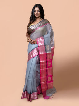 LAA CALCUTTA - Women Grey and Pink Kota Paisley Motifs Zari Par Silk Saree with Unstitched Blouse