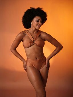 Mysthelle - Golden Hour Ruched Bikini Top with High-Waist Bottoms (Set of 2)