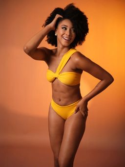 Mysthelle - Lemon One-Shoulder Ruched Bikini Top & Bottom (Set of 2)