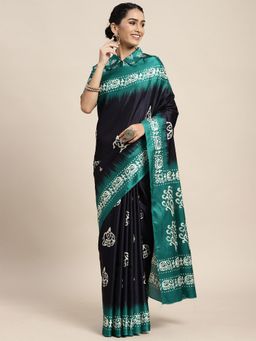 Odette - Manipuri Silk Navy Blue Printed Saree with Unstitched Blouse
