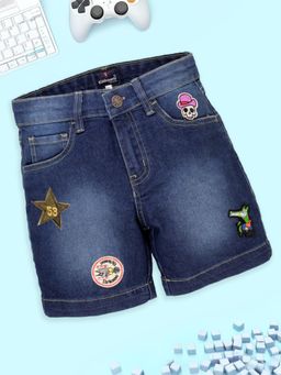 KiddoPanti - Boys Regular Multi Badge Denim Shorts