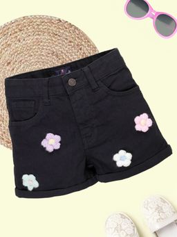 KiddoPanti - Girls Rollup Denim Shorts with 3D Crochet Flowers