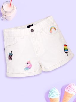 KiddoPanti - Girls Rollup Denim Shorts with Colorful Multi Badge
