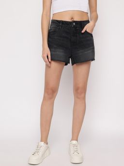 Guess - Grey Mid Solid High Rise Denim Mom Shorts
