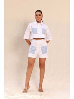 Moonstruck - White Shorts and Cropped Shirt Set with Contrast Pockets Co-ord (Set of 2)