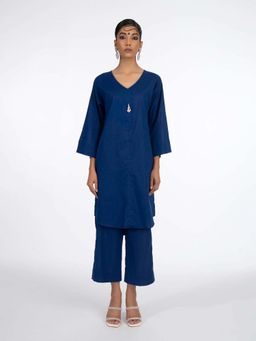 House of Surkh - Royal Blue Lawn Long Kurta with Pant (Set of 2)