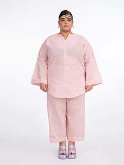 House of Surkh - Baby Pink Linen Short Kurti with Palazzo (Set of 2)