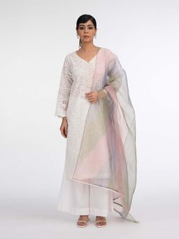 House of Surkh - White Chikankari Kurta with Palazzo and Dupatta (Set of 3)