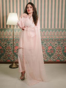 House of Surkh - Beauty With Pink Chanderi Kurta with Pant and Dupatta (Set of 3)