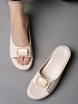 Shoetopia - Upper Round Toe Buckled Cream Wedges Heels for Girls