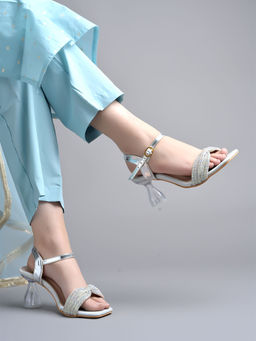 Shoetopia - Embellished Rhinestone Silver Sandal Heels for Girls