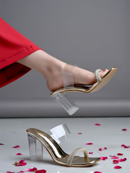 Shoetopia - Stylish Transparent Detailed Golden Block Heels for Girls