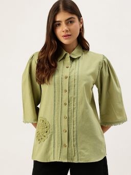 STUDIO MISRI - Green Crochet and Pleat Detailed Shirt