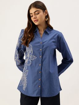 STUDIO MISRI - Royal Blue Linear Floral Embroidered Shirt