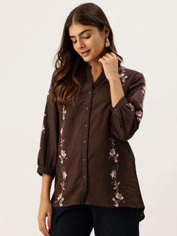 STUDIO MISRI - Dark Brown Floral Embroidered Mandarin Shirt