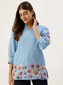 STUDIO MISRI - Powder Blue Embroidered Self-Stripe Tunic