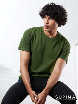 The Souled Store - Men Supima Cotton Half Sleeve Olive Green Olive Supima T-shirts