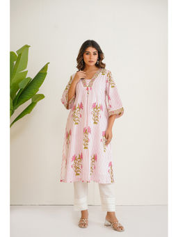Tara-C-Tara - White Cotton Pink Ethnic Motif Kurta With Pant