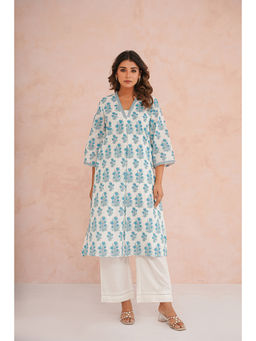 Tara-C-Tara - Cotton Blue Ethnic Motif Printed Kurta With Pant