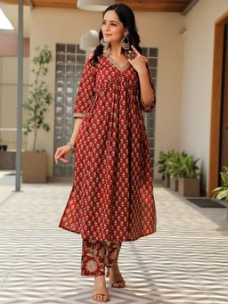 Libas - Rust Floral Printed A-Line Kurta with Pant (Set of 2)
