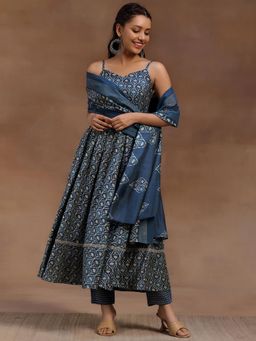 Libas - Blue Floral Printed Anarkali Kurta with Pant and Dupatta (Set of 3)