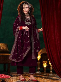 Libas - Maroon Velvet Solid Kurta Sets for Women