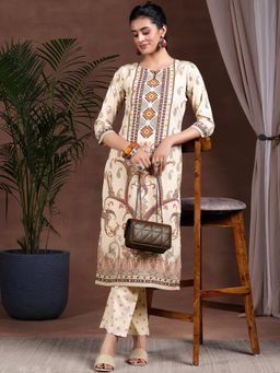 Libas - Beige Poly Crepe Printed Kurta Sets for Women