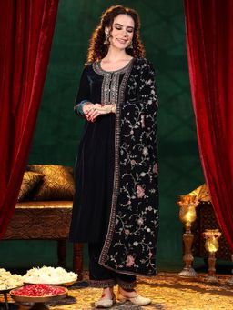 Libas - Blue Velvet Yoke Design Kurta Sets for Women
