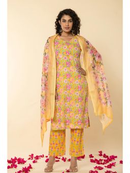 Do Dhaage - Cotton Floral Printed Yellow Kurta with Pant and Dupatta (Set of 3)