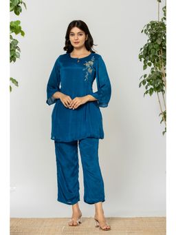 Do Dhaage - Solid Navy Blue Chinon Co-Ord (Set of 2)